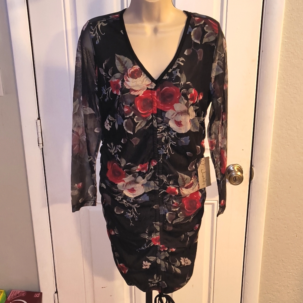 J FOR JUSTIFY Black L/S Floral Stretch Mesh Bodycon Dress XLG NWT
